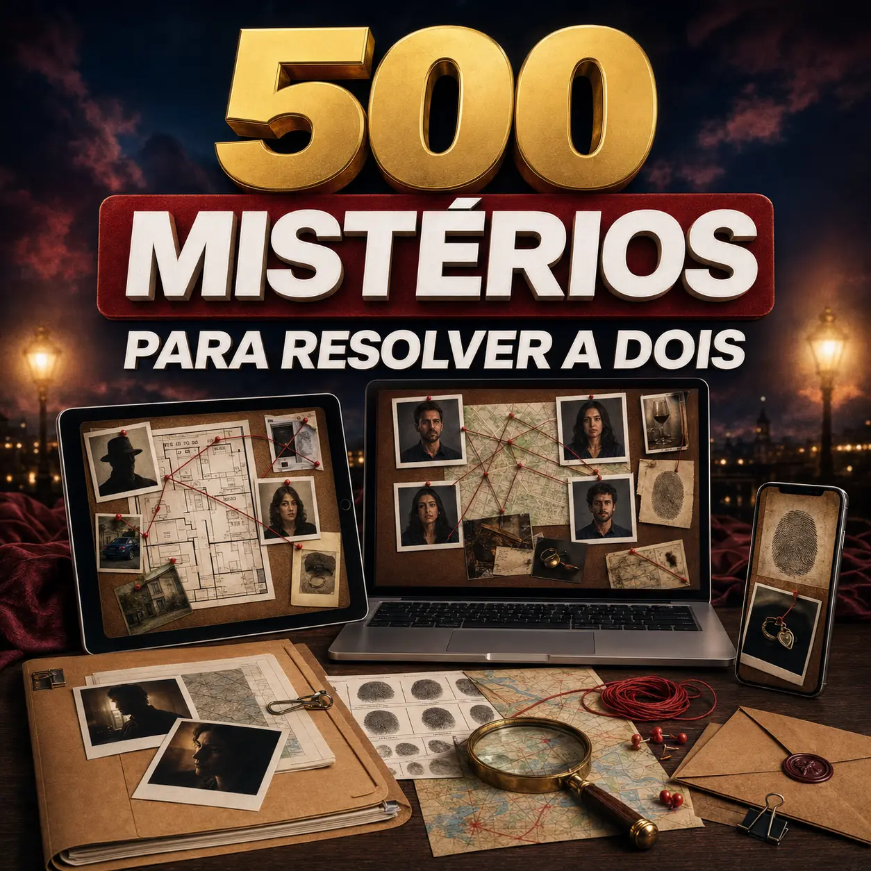 Mockup tangível de 500 mistérios para resolver a dois, com celular, tablet, computador e materiais de investigação